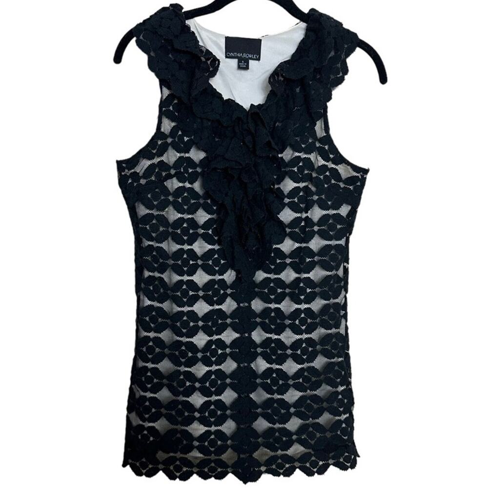 Cynthia Rowley Blouse Ruffle Neckline Black Lace Sleeveless Cotton size Small